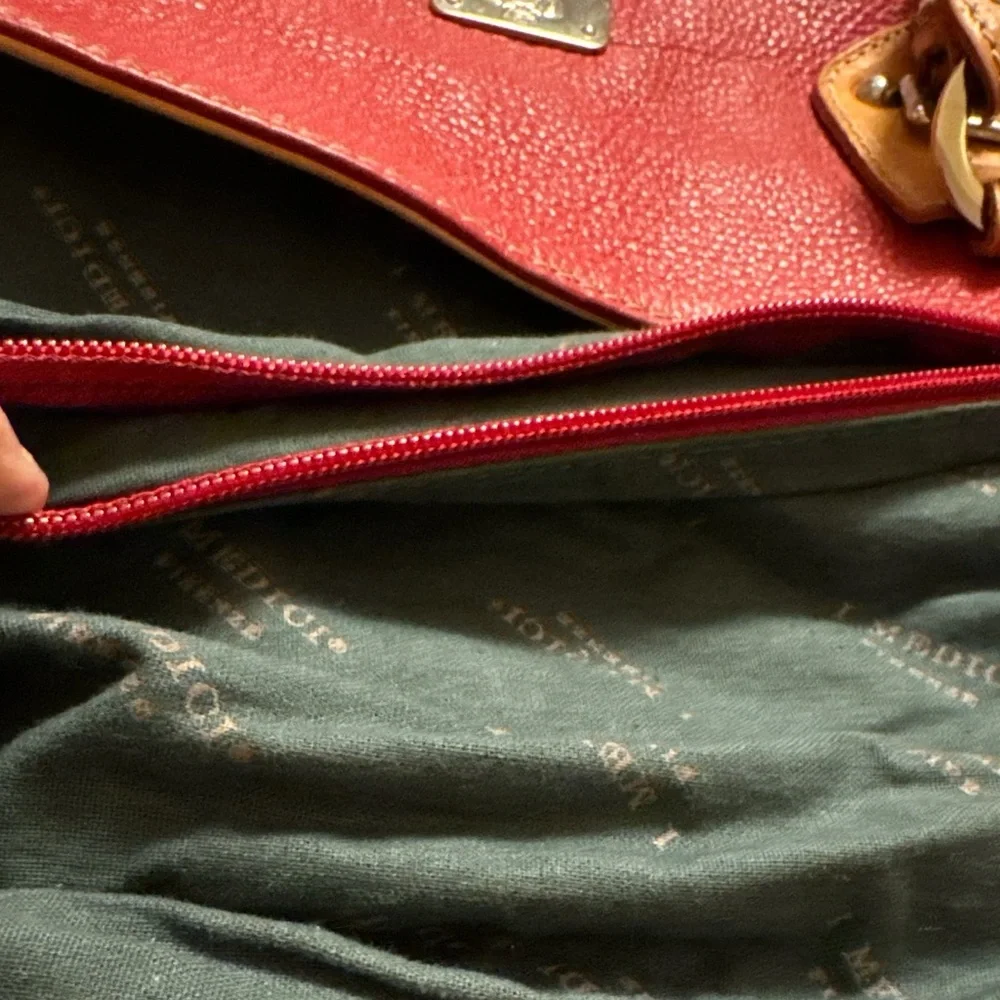 Red and Tan Leather Structured Shoulder Bag with Handles - Picture 11 of 13